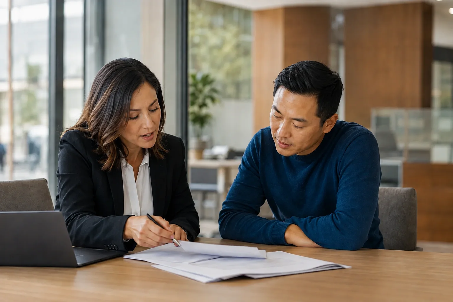 A staff member guiding a visitor through application documents at a service desk