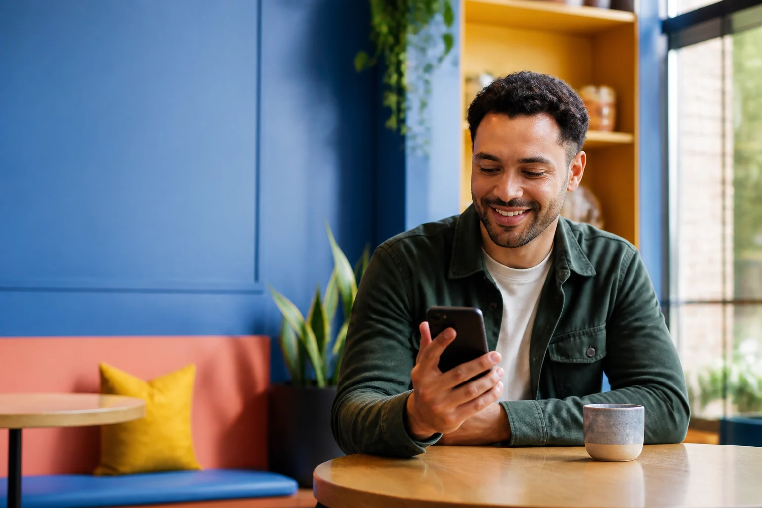 A happy customer using a phone after receiving useful help