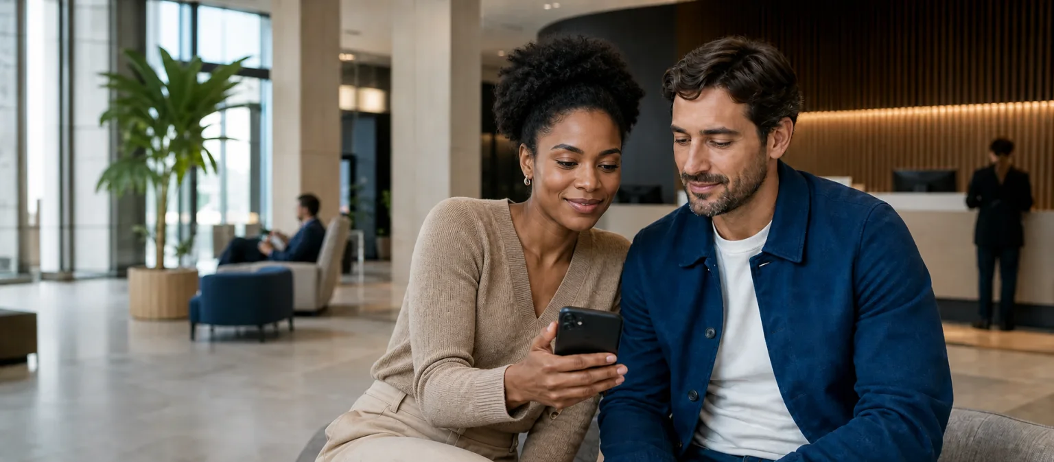 A couple beginning a service journey together on a phone