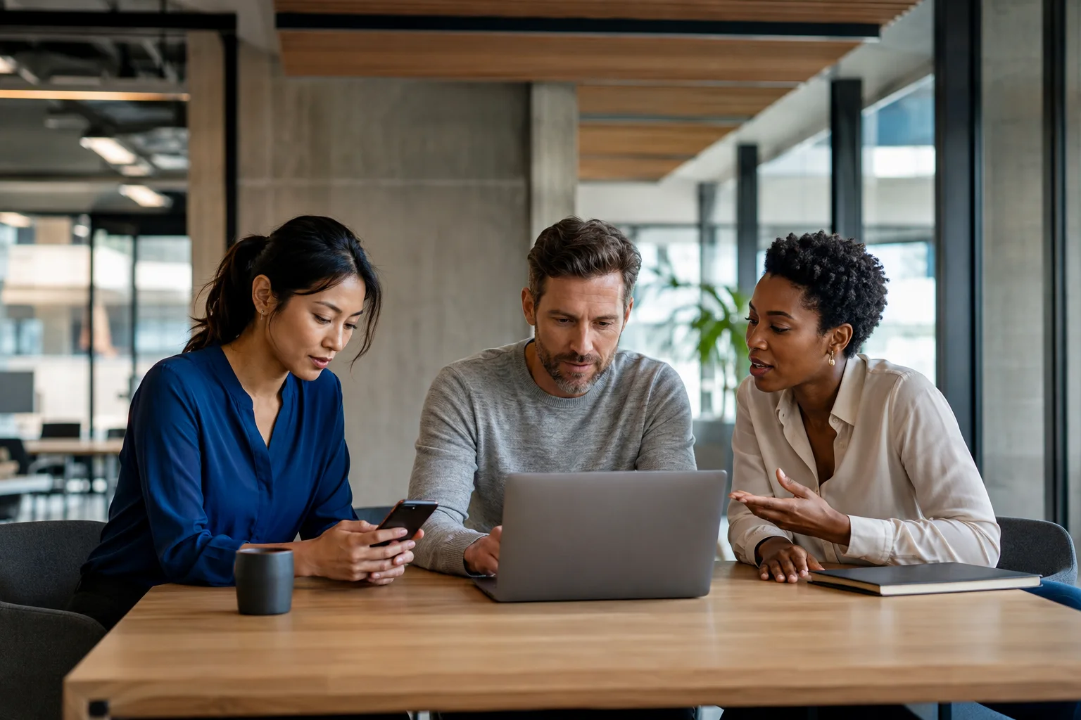 Three business colleagues coordinating a service request across a phone and laptop